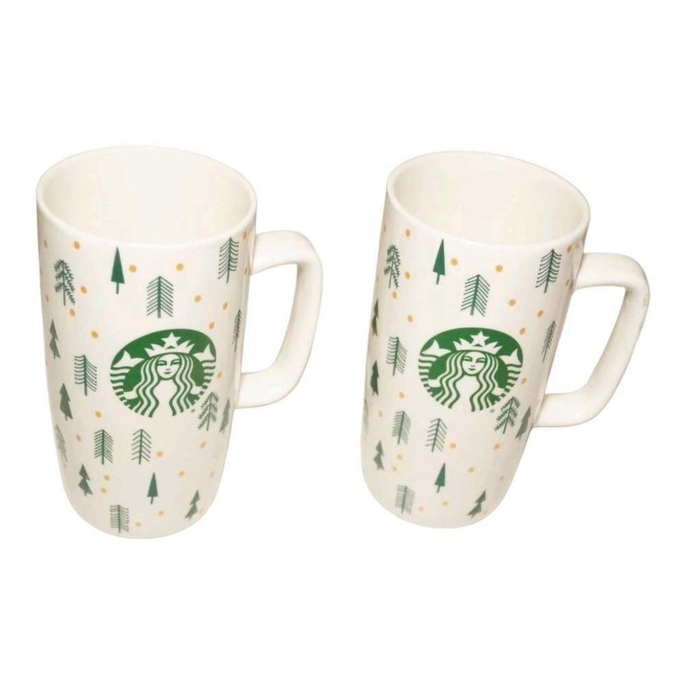 Starbucks Holiday Christmas Tree Tall Latte Coffee‎ Mugs Set of 2